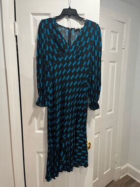 Diane Von Furstenberg Black and Teal Geometric Long Sleeve Dress- repaired